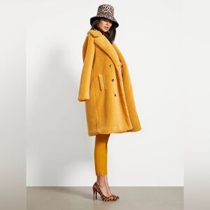 New York & Company Long Yellow Teddy Fluffy Double Breasted Coat Size Me…